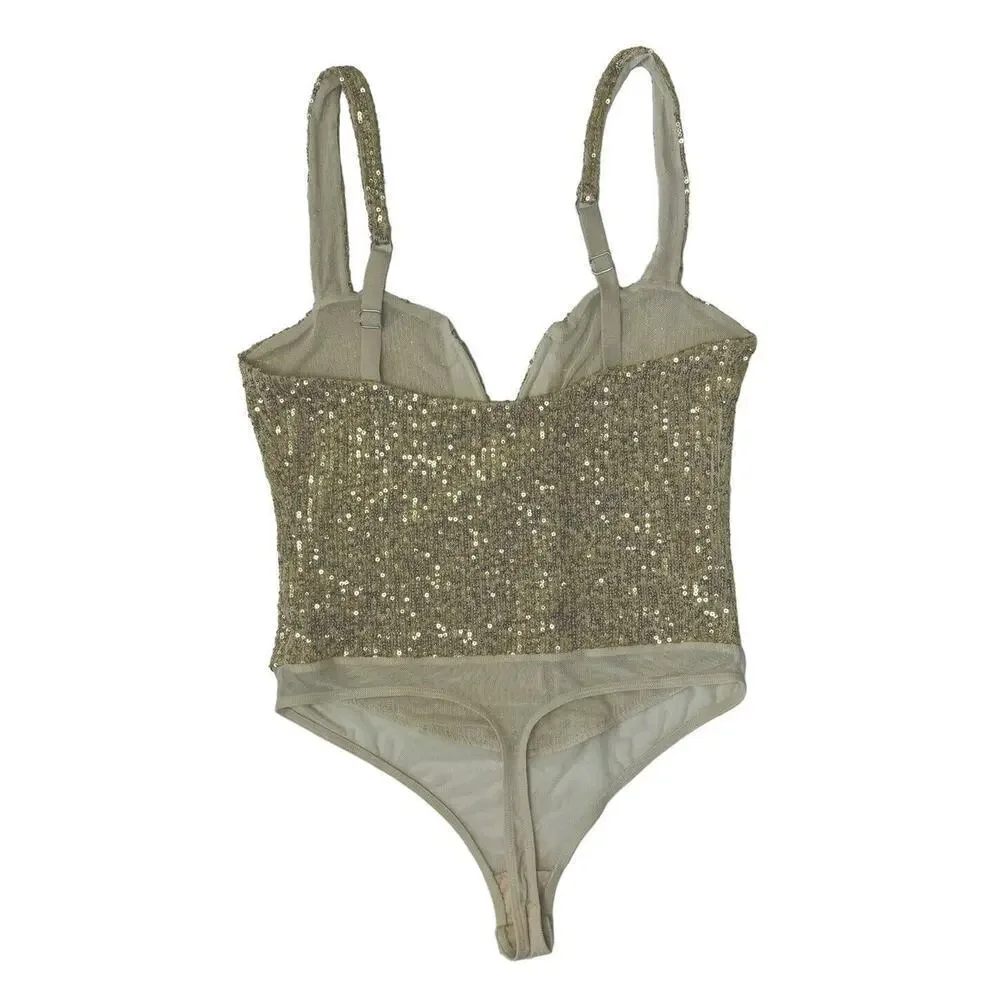 INTIMATELY FREE PEOPLE Sparks Fly Iridescent Gold Shimmery Sequin Bodysuit Sz M - Picture 8 of 12